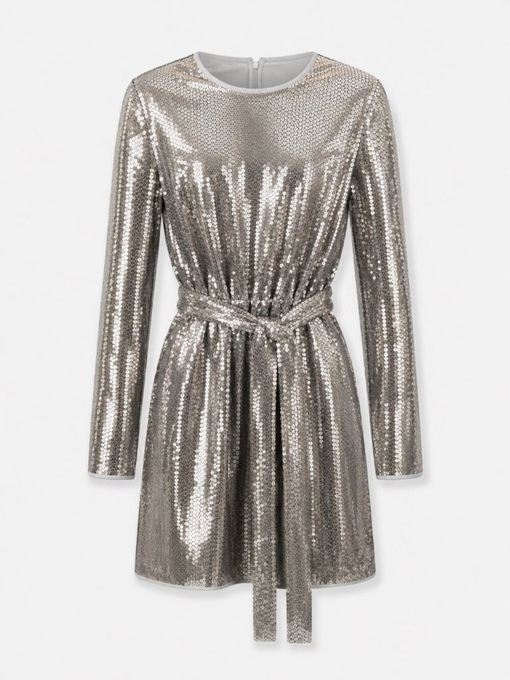 Silver Long-Sleeve Sequin Mini Dress With Belted Waist & Back Zip Closure Size 8